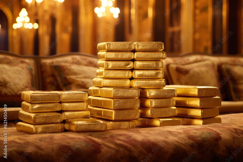 A pile of gold bars on a velvet cushion wallpaper