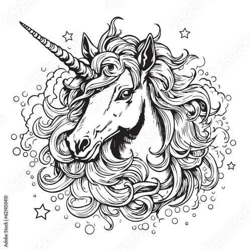 Beautiful unicorn with petals and flowers. Vector outline for coloring book. Cartoon coloring pages. 