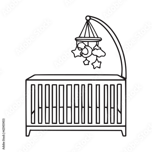  Baby cot line icon. Small bed for toddlers. Newborn cot. Baby products. Childhood concept. 