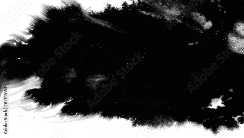 Black ink abstract background artistic flow splatter spots spills from right white paper beautiful reveal dripping streaks spread fluid ink alpha matte isolated watercolor ink drops transition	