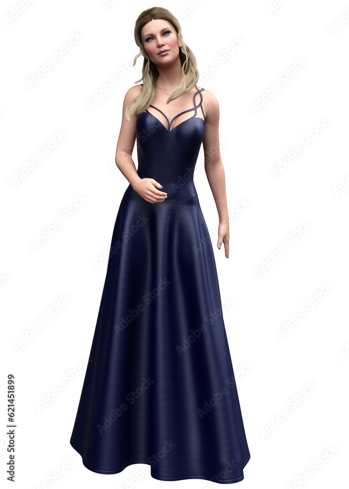 3D Blond girl in blue evening dress