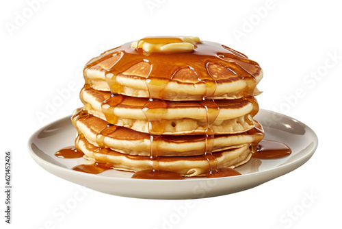 A stack of fluffy pancakes with maple syrup drizzle. isolated object photo
