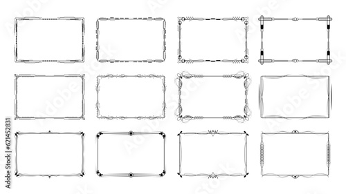 Set Abstract Black Collection Simple Line Rectangular Frame Doodle Outline Element Vector Design Style Sketch Isolated Illustration For Wedding And Banner