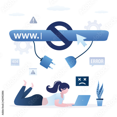 Female user frustrated by internet disconnection. Blocked web address bar. Browser window with plug pulled out of socket. Concept of server error