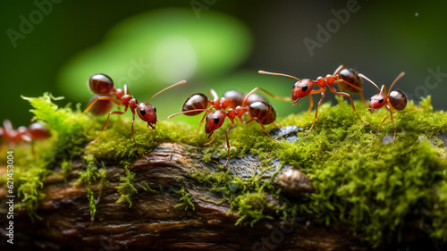 Macro photo of ants on mossy wood in rainy forest