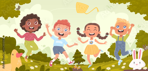 Happy multicultural kids jumping on nature background. Boys and girls are playing. Childhood. Vector illustration