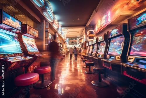 A bustling city arcade with gamers playing