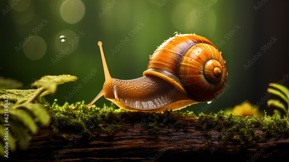 Macro photo of snail on mossy wood in rainy forest Macro photo of snail on mossy wood in rainy forest