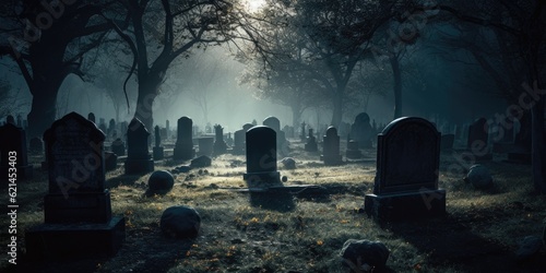 Fotografia A moonlit cemetery with weathered tombstones