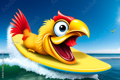 A caricature of a chicken surfing in the ocean. (AI-generated fictional illustration)  © freelanceartist
