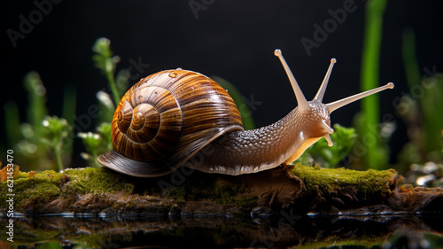 Macro photo of snail on mossy wood in rainy forest © AhmadSoleh