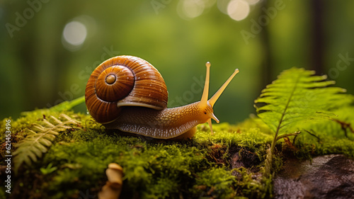 Macro photo of snail on mossy wood in rainy forest