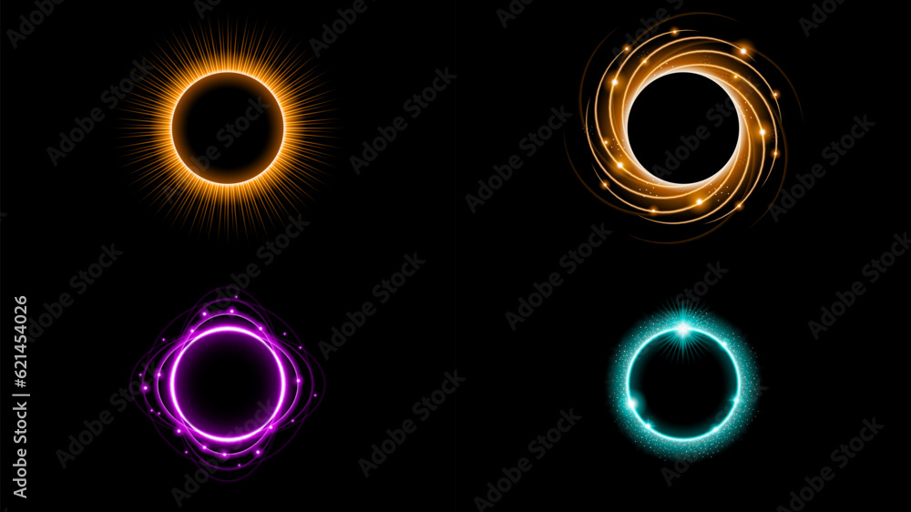 Naklejka premium Set Sun Eclipse Solar Collection Color Fire Dark Background Vector Moon Design Style Space Science Glow Light