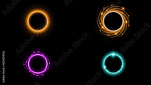 Set Sun Eclipse Solar Collection Color Fire Dark Background Vector Moon Design Style Space Science Glow Light