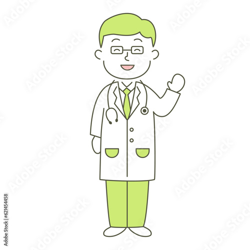 doctor, man, medical care, hospital, simple, simple substance, human, illustration, vector, smile, raising hand, visit, guidance