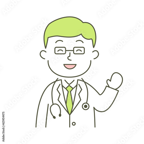 doctor, man, medical care, hospital, simple, simple substance, human, illustration, vector, smile, raising hand, visit, guidance