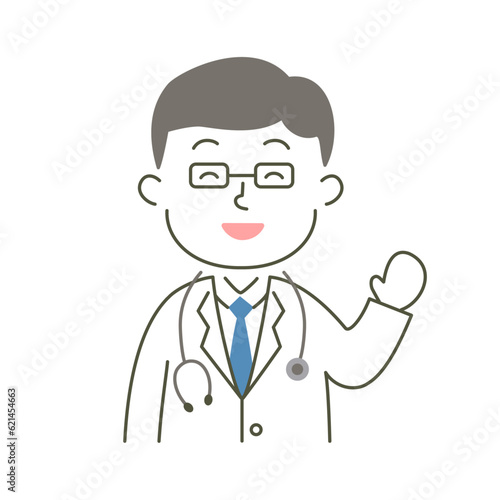 doctor, man, medical care, hospital, simple, simple substance, human, illustration, vector, smile, raising hand, visit, guidance