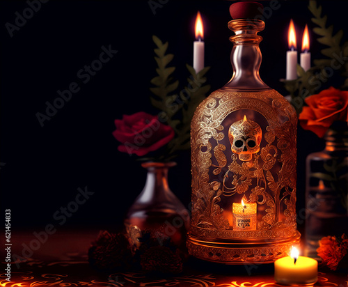 catrina candles , tequila bottle, over dia de muertos atmosphere, mexican tradition mood, photo style selective focus, Generative Ai photo