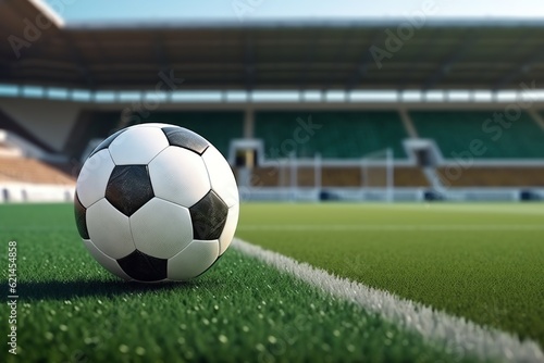 A soccer ball on a green field with an empty football field © Hatia