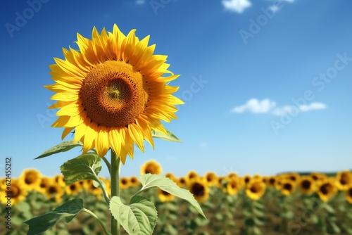 A sunflower in a field with an empty sunflower field