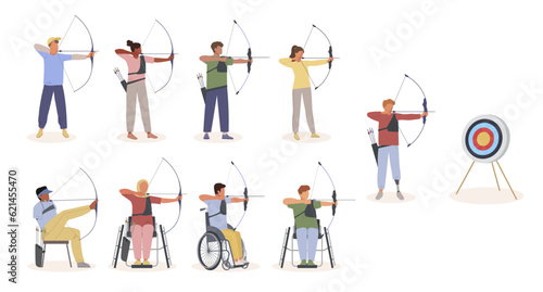 archery, people shooting at targets. male and female characters shooting target, disabled people shooting doing archery.