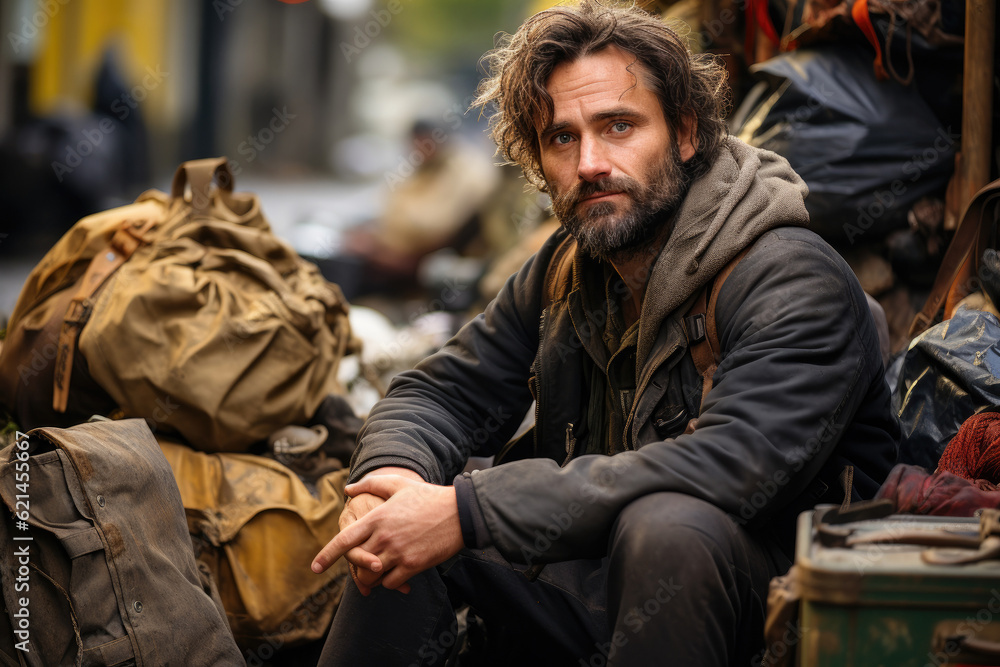 Homeless man sitting on the street with pile of junk, unhappy begging for help and money. Problems of big modern cities. Homeless man sitting on the street with pile of junk, unhappy begging for help and money. Problems of big modern cities.