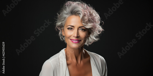 Beautiful gorgeous 50s mid aged mature woman isolated on white. Mature old lady close up portrait. Healthy face skin care beauty, middle age skincare cosmetics, cosmetology concept, adult,elderly