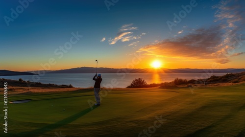 Golf course at sunset with beautiful sky