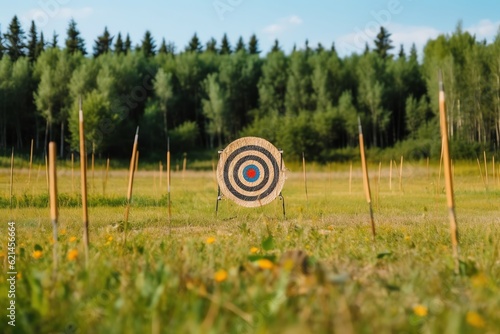 A target with arrows on a field