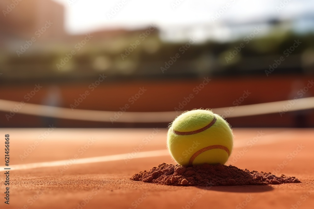 A tennis ball on a clay court