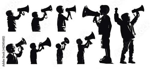 boy talking screaming using loudspeaker silhouette