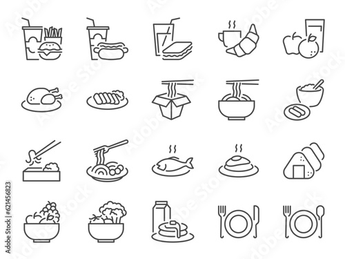 Meal icon set. It included food, restaurant, breakfast, lunch, dinner, and more icons. Editable Vector Stroke. 