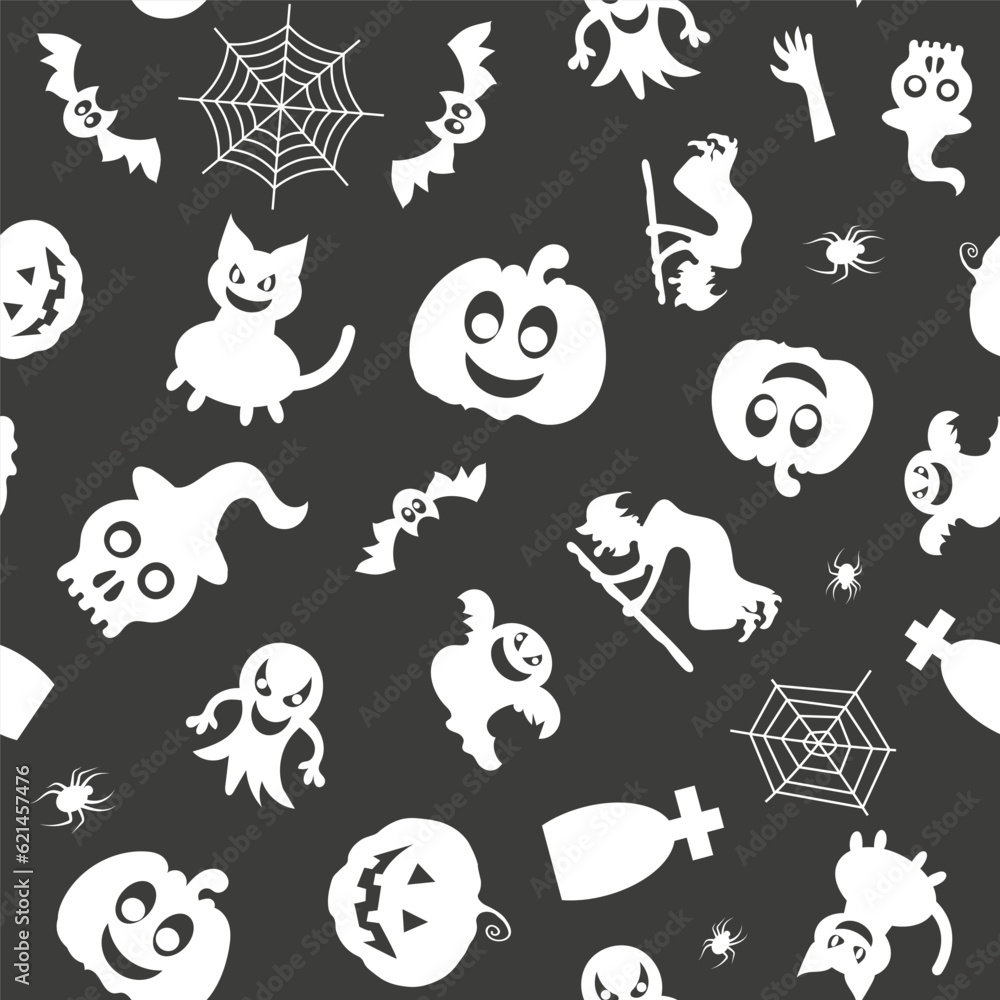 Seamless vector pattern for Halloween design. Halloween symbols: pumpkin, spider, ghost, bat in cartoon style. Vector Illustration Seamless vector pattern for Halloween design. Halloween symbols: pumpkin, spider, ghost, bat in cartoon style. Vector Illustration