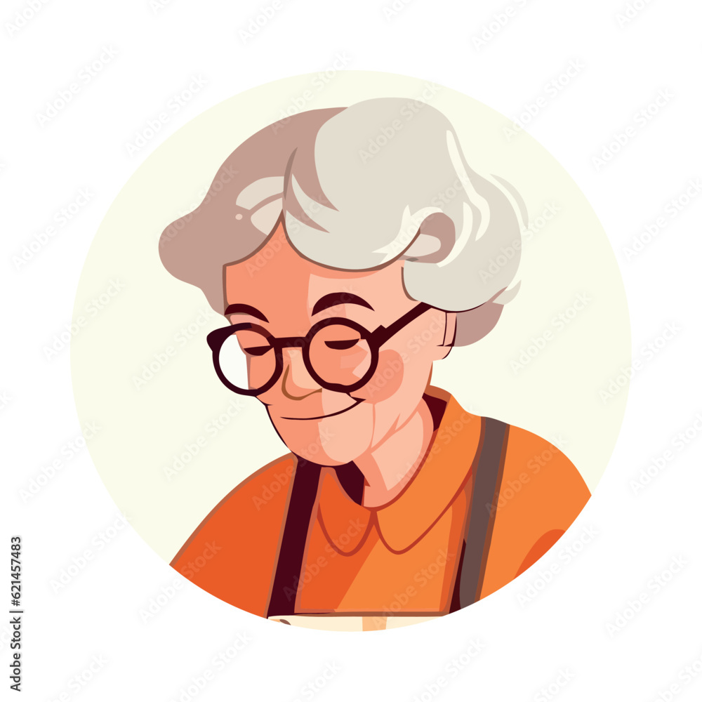 Smiling cartoon grandma portrait, flat design vector
