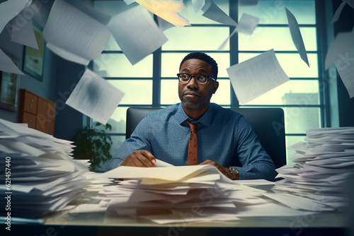 A pensive African American man looks at papers flying around. A middle-aged man at an office desk with a pile of papers is shocked at the need to sort it all out. photo