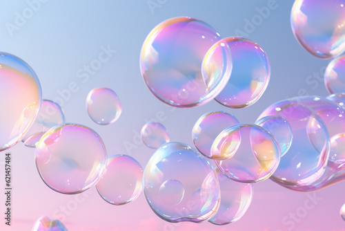 flying soap bubbles on holographic foil background, AI generated