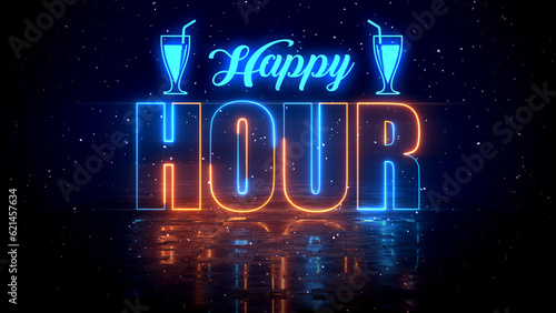 Festive Blue Orange Glowing Neon Light Happy Hour Lettering With Floor Reflection Amid The Falling Snow On Dark Background