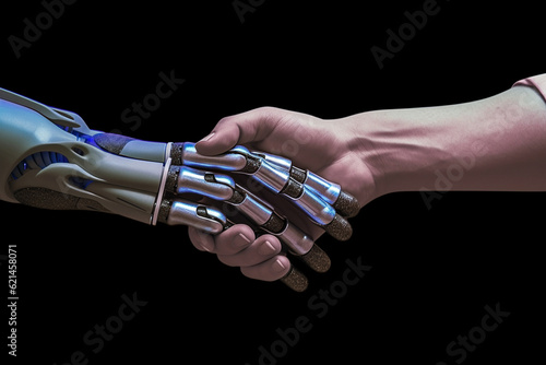 Robot hand shaking hands with a human hand black copy space 03 generative ai © Raveen