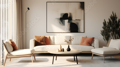 Stylish Living Room Interior with an Abstract Frame Poster  Modern Interior Design  3D Render  3D Illustration