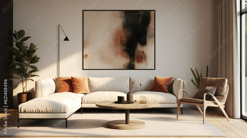 Stylish Living Room Interior with an Abstract Frame Poster, Modern Interior Design, 3D Render, 3D Illustration Stylish Living Room Interior with an Abstract Frame Poster, Modern Interior Design, 3D Render, 3D Illustration