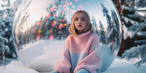 Beautiful young girl in big pink sweater sitting in front of a huge silver christmas bauble in the nature, that is reflecting the snow and pink trees.  photo