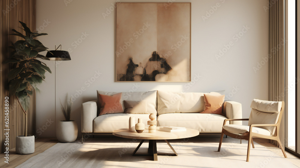 Fototapeta premium Stylish Living Room Interior with an Abstract Frame Poster, Modern Interior Design, 3D Render, 3D Illustration