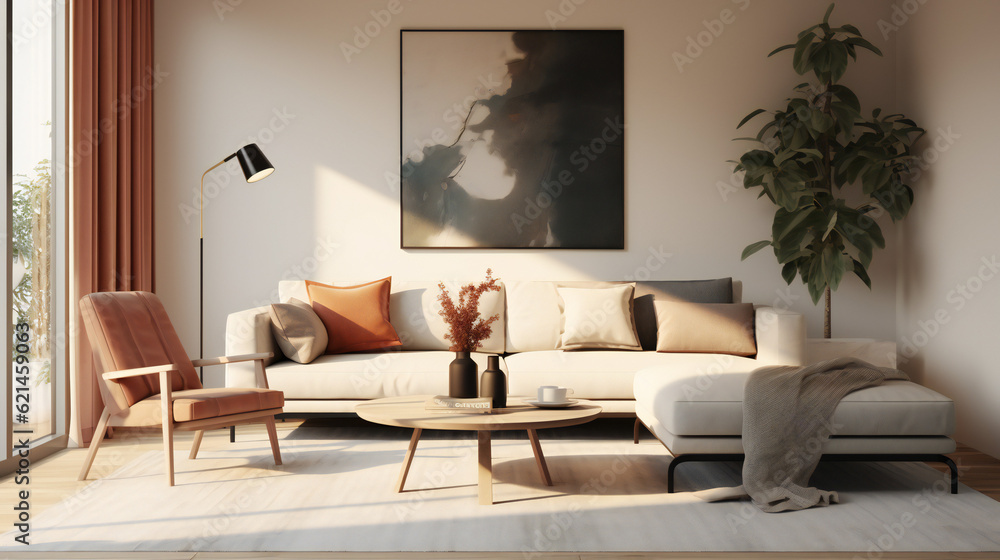 Stylish Living Room Interior with an Abstract Frame Poster, Modern Interior Design, 3D Render, 3D Illustration Stylish Living Room Interior with an Abstract Frame Poster, Modern Interior Design, 3D Render, 3D Illustration