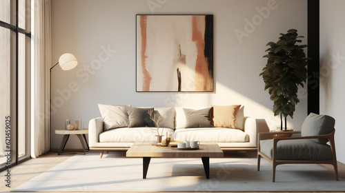 Stylish Living Room Interior with an Abstract Frame Poster, Modern Interior Design, 3D Render, 3D Illustration