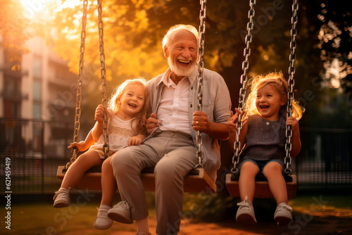 old man laughing with his grandchildren on a swing in the park. photo