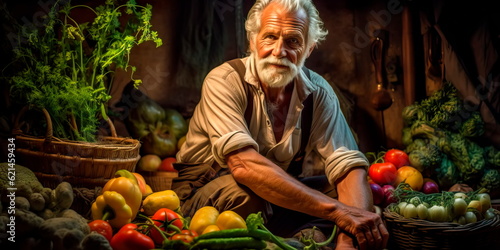 old man growing organic vegetables and fruits in his garden