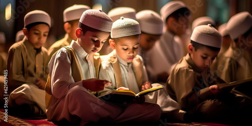 Muslim children engaged in a Quran recitation competition, showcasing their memorization skills and dedication Generative AI