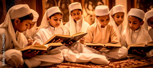 Muslim children engaged in a Quran recitation competition, showcasing their memorization skills and dedication Generative AI photo