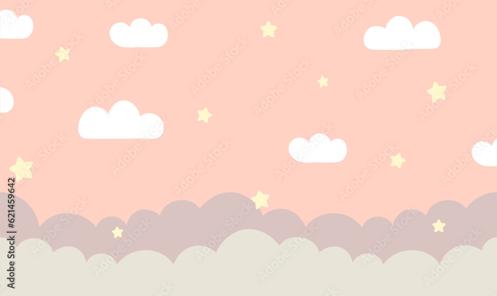 pink color cartoon background with clouds and stars for kids