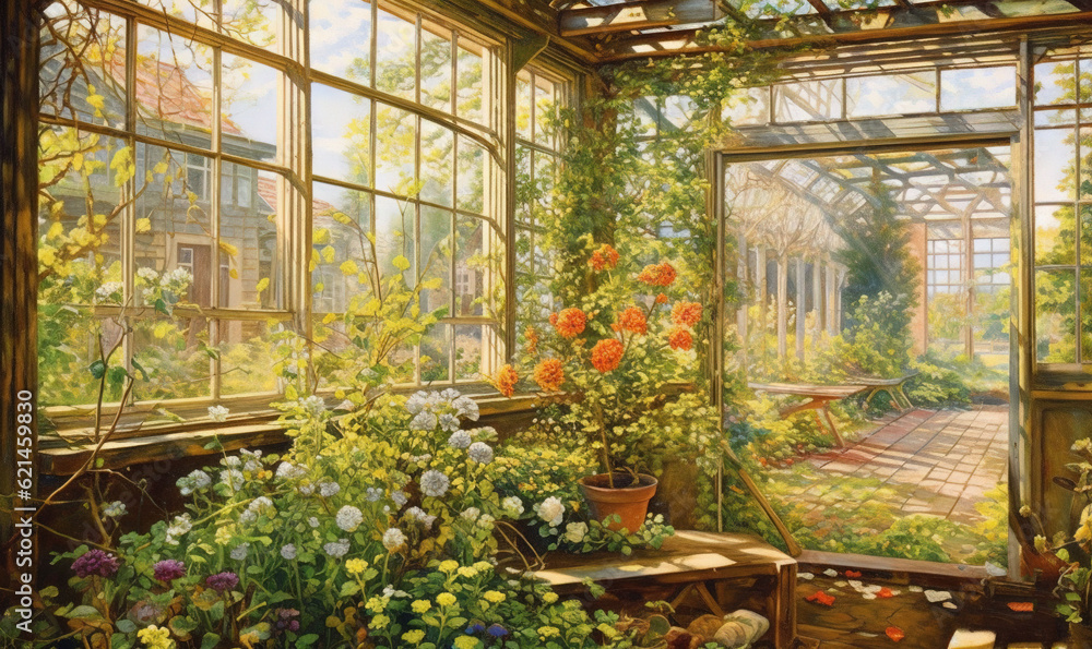  a painting of a greenhouse filled with lots of flowers and plants.  generative ai